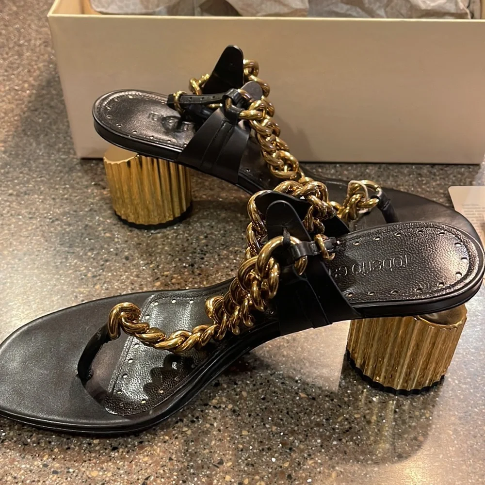 ROBERTO CAVALLI BLACK AND GOLD CHAIN SANDALS SIZE 38 - Picture 9 of 9